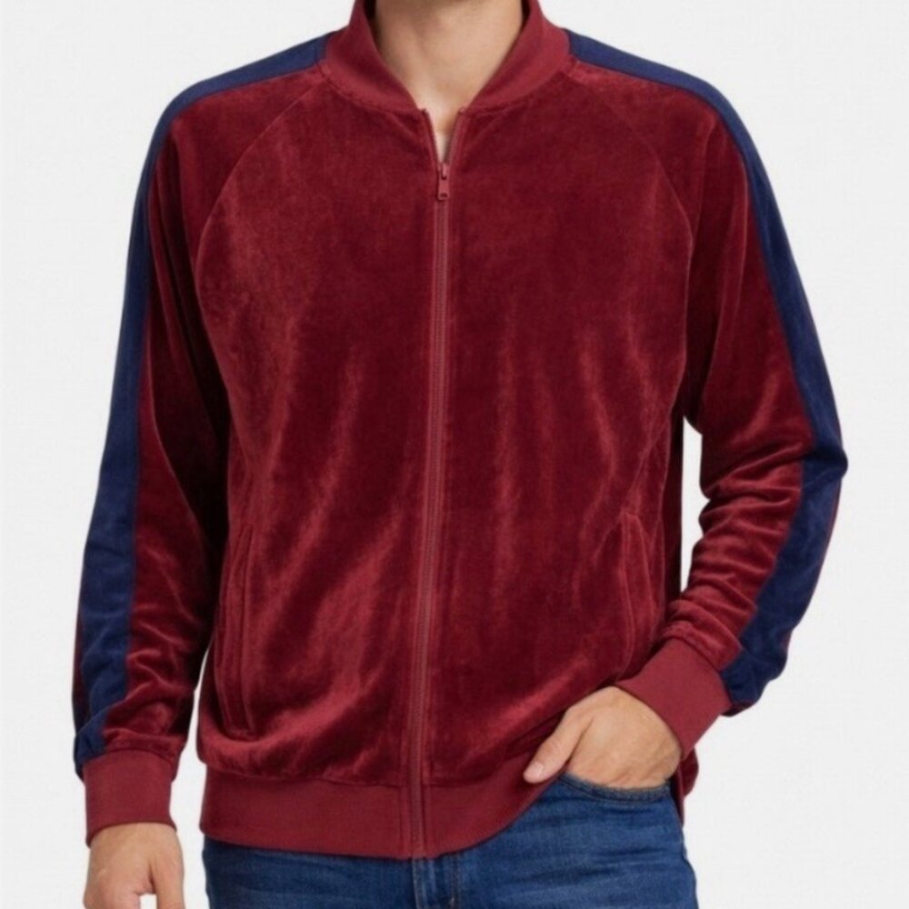 AGTAWH Men ST. Moritz Powder Red Velour Bomber Jacket Full Zip Size M
